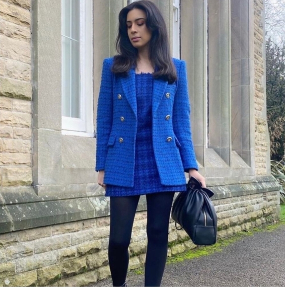 Zara Blue Tweed Jumper Dress Pinafore Mini Sleeveless Size Medium  With Pockets! - Picture 13 of 16